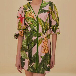 Pink Banana Leaves V Neck Mini Dress